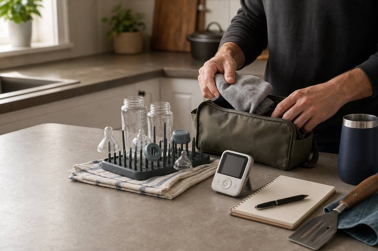 Family gear arranged on a kitchen counter