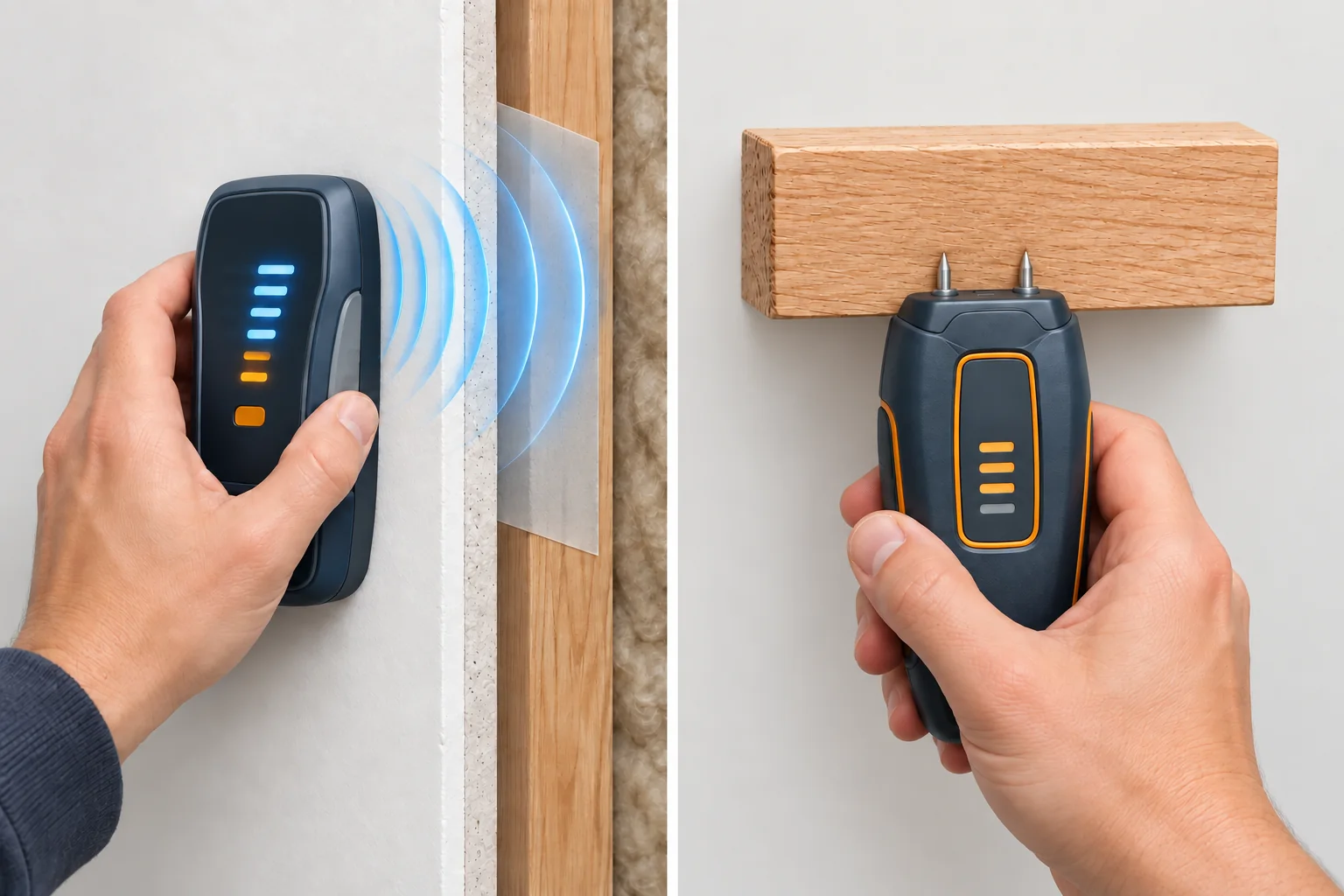 A pinless moisture meter scanning a finished wall beside a pin meter with probes inserted into a wood sample.